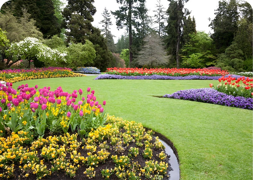 Scenic garden with blooming flower beds